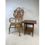 A wicker chair and a square occassional table W:60cm x D:46cm x H:110cm