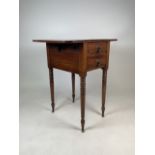 Small mahogany drop flap occassional table with two drawers with brass acorn handles, turned legs