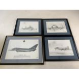 A framed print of the Euro fighter also with three framed pencil drawings of fighter jets by