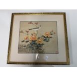 A Japanese painting on silk depicting a song bird and chrysanthemums. In Japanned frame. W:47cm x