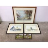 Three watercolour paintings of countryside scenes and two oil on canvas painting by B.M.Denner.
