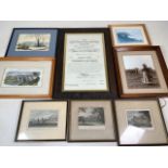 Framed etchings a watercolour by J.A.Hurley in an oak framed certificate. Oka frame W:37cm x H:57cm