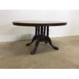 A Victorian inlaid oval looe table with birdcage pedestal. W:118cm x D:80cm x H:60cm