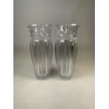 A pair of French lead crystal glass flower vases. W:13cm x D:13cm x H:29.5cm