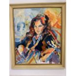 Heather Jansch (b.1948-) Oil on board portrait W:50cm x H:60cm. Signed and dated 1985 bottom right