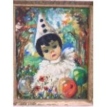 Oil on canvas of a child clown signed Benoit. W:40cm x H:50cm