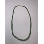 A strand of graduated jade beads with 9ct gold clasp. 62cm.