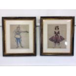 A pair of vintage costume prints in distressed frames. Size inc frame W:49cm x H:57cm
