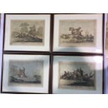 Set of four hunting etchings, cream mounts, oak frames. Image dimensions W:38cm x H:38.5cm