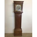 A late 18th early 19th century oak long case clock, brass dial with silvered chapter ring and gilt