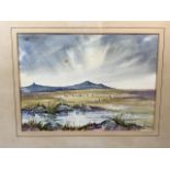 Hound Tor Dartmoor, signed watercolour in gilt frame. W:52cm x H:44cm