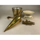 A brass ice bucket, brass ale warmer, pipe rack also with Salter kitchen scales.Ale warmer H:26.
