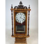 A Vienna style mahogany wall clock within inlaid tunbridge ware case, white enamelled dual with