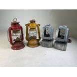 Two painted oil lamps Gremlin and Chalwyn also with two electric lanterns.