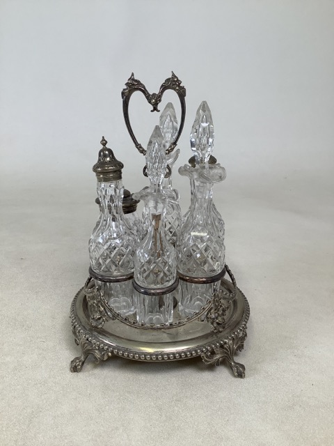 Victorian revolving EPNS condiment set comprising cut glass bottles, a mustard bottle with lid and - Image 3 of 4