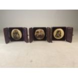 Three circular Victorian photographs in leather cases. W:10cm.