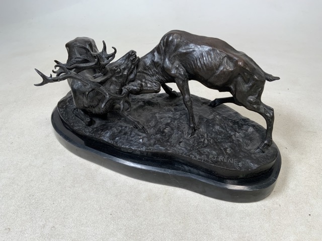 After Pierre Jules Mene (1810-1879, France). A 19th century Bronze model of two stags