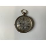A silver cased open faced pocket watch, the silvered dial with Roman numeral markers and