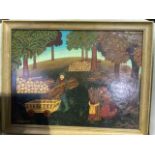 20th century Russian Naive school, oil on board of a woodcutter forest scene signed and dated bottom