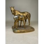 A large Russian gilt spelter model of a horse and foal on signed naturalistic base seal marks