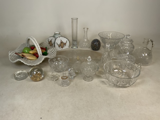 A collection of glassware to include fruit basket, dishes, decanters, Victorian lamp shade and other