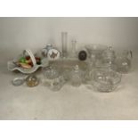 A collection of glassware to include fruit basket, dishes, decanters, Victorian lamp shade and other