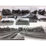 A large quantity of black and white train photographs steam and early diesel.