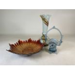 A blue glass basket, large studio glass vase and fruit bowl. Basket:W:15cm x D:15cm x H:27cm