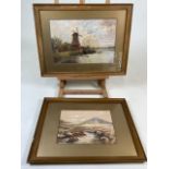 A framed oil pastel of a windmill and waterway 1921 also with a framed watercolour dated 1921.