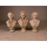 Three Artisco busts of composers: Mozart, Bach and Beethoven. H:22cm