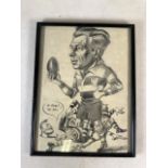 A framed ink caricature drawing of a rugby player. Signed and dated 1952W:27cm x H:35cm