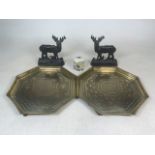 A pair of Islamic style wall plaques together with a pair of cast metal stags and a small ceramic