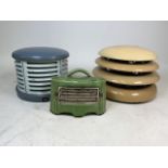 Two early 20th Century Art Deco H.M.V room heaters and a small ceramic cased heaters to include a