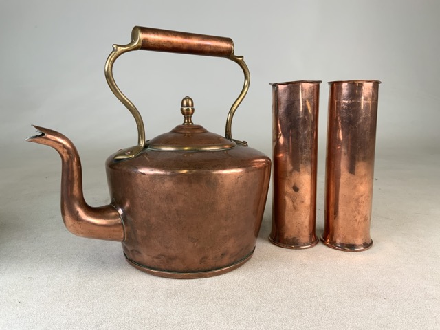 Copper and brass kettle and a pair of copper spill vases.Vases H:19cm