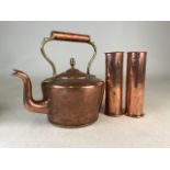 Copper and brass kettle and a pair of copper spill vases.Vases H:19cm