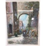 An signed oil on canvas of a continental street scene. W:29cm x H:39cm