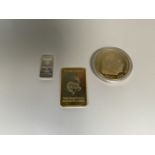 Three silver and silver gilt items to include a 1oz Krugerrand plaque and two mid century dated