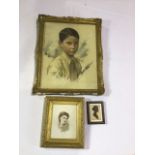 Three framed pictures. Portrait of a boy in pastel circa 1930s image sizeW: 34cm x H:44cm