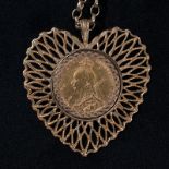 A full Victorian sovereign in pierced 9ct gold heart shaped bezel mount to a 9ct chain link