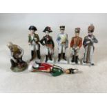 Five porcelain figurines of French Officers together with a Coronetti Irish soldier and a unmarked