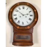 A late 19th early 20th century drop head mahogany wall clock with inlaid tunbridge ware style inlay.
