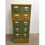 A metal storage double bank of drawers with original 1970s paint. Ten drawers - five each side.W: