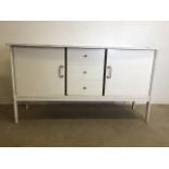A mid century painted wooden sideboard with two cupboards and three drawers