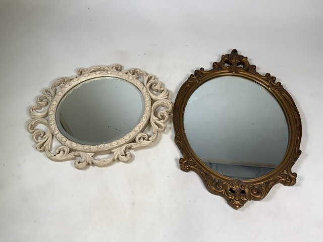 Two Rococo style mirrors; circular and oval shaped. W:56cm x H:51cm (circular)W:47cm x H:73cm (