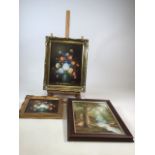 A collection of three framed oil paintings. Large flower painting frame W:38cm x H:49cm, Tree