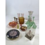A collection of mid century glass and earlier. To include dressing table set, wooden trinket box and