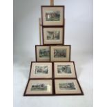 A set of eight coloured etching prints of hunting related scenes. In wooden frames. W:27cm x H: