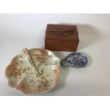 A collection of two ceramic items : a blue and white ironstone tear shaped dish with a french