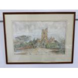 G.R.BRADFORD large watercolour with pen on paper of Pinhoe church.Image size W:52.5cm x H:33.