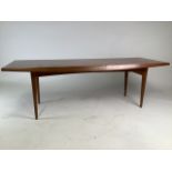A mid century teak oblong coffee table by Gordon Russell, Broadway. With label. W:1214cm x D:
